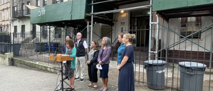 Deputy Mayor for Operations Meera Joshi announces the GreenHOUSE fund to a small crowd of reporters and advocates on Thursday, Sept. 26th.